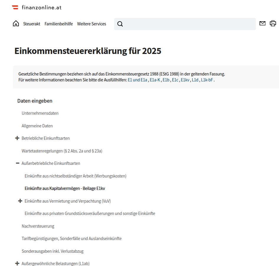 FinanzOnline — Einkommensteuererklärung → Einkünfte aus Kapitalvermögen - Beilage E1kv