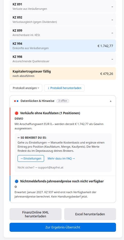 KapFrei Datenlücken & Hinweise — rotes Warnsymbol für fehlende Kaufdaten, blaues Symbol für noch nicht verfügbare Nichtmeldefonds-Jahresendpreise