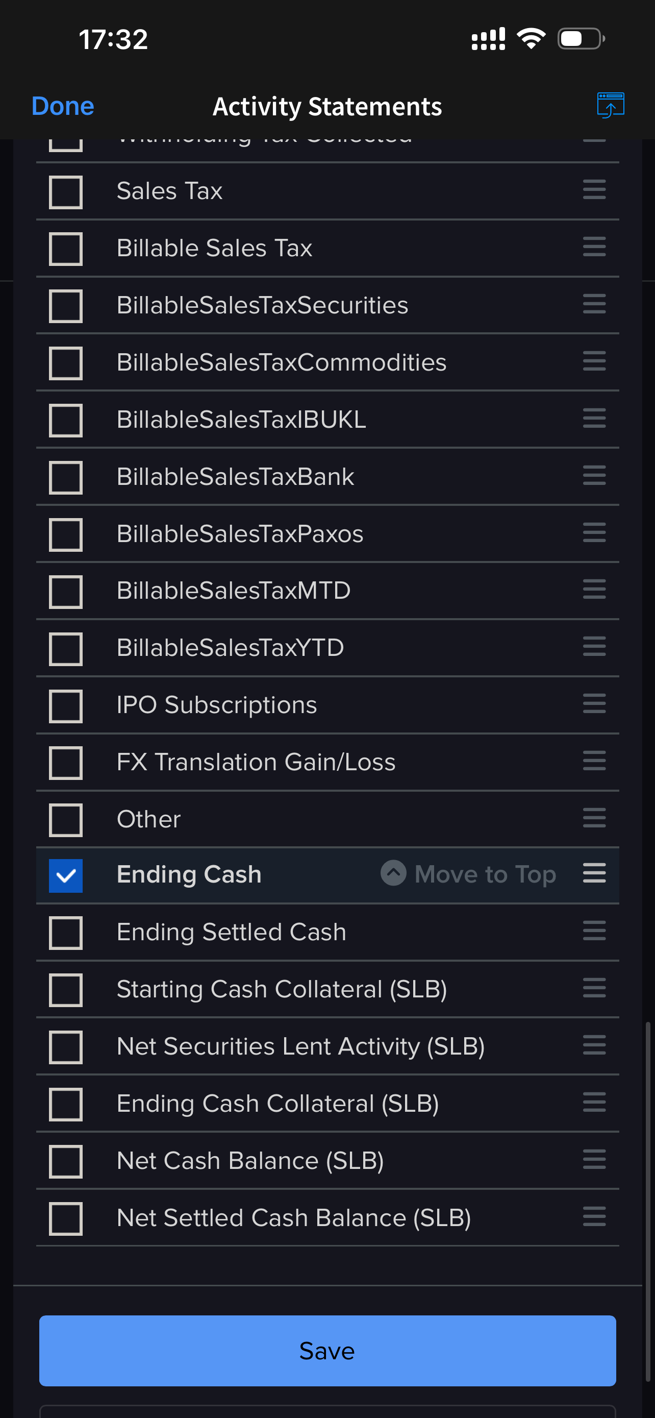Cash Report Felder: Ending Cash ausgewählt