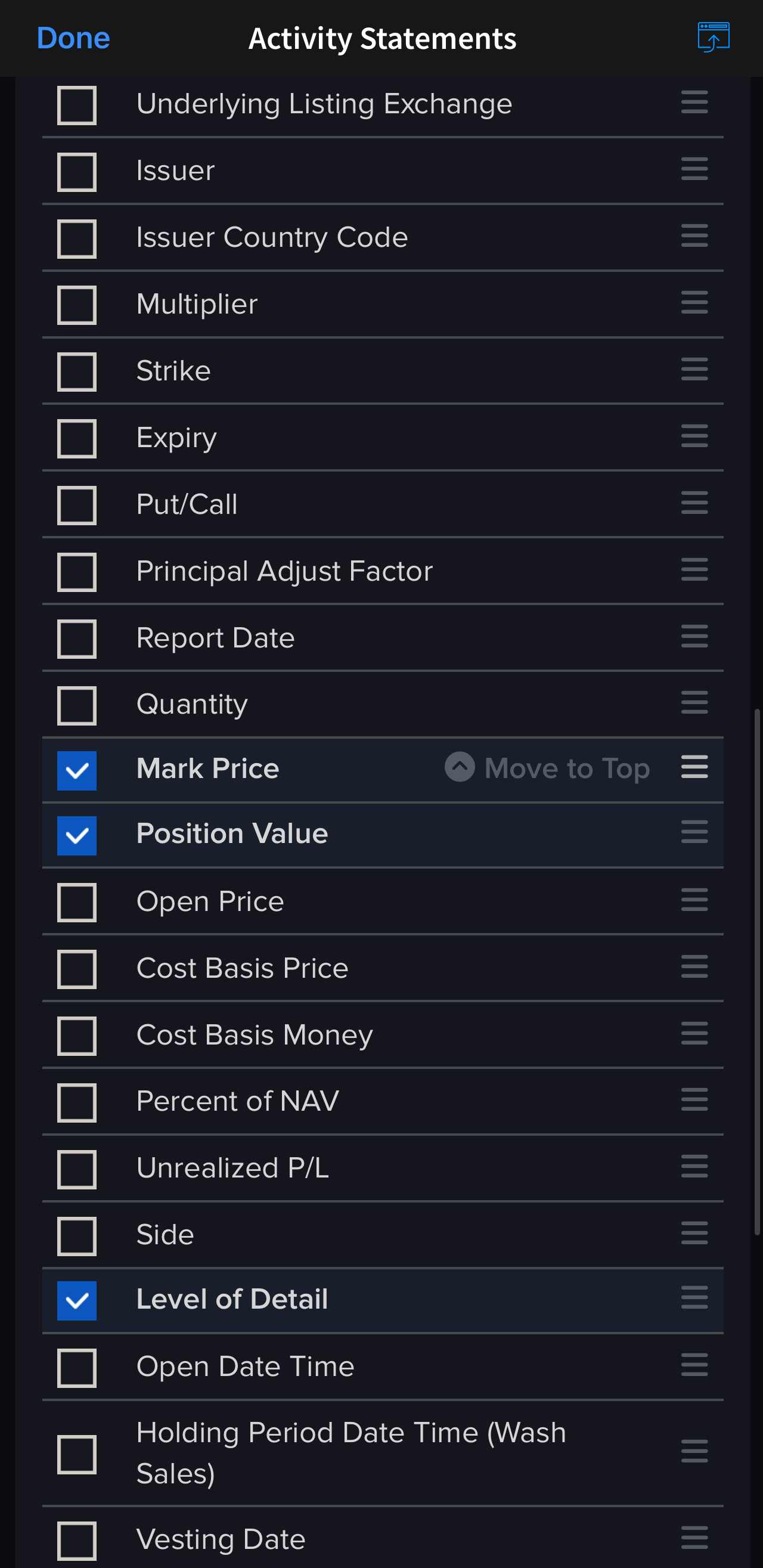 Open Positions Felder: Mark Price, Position Value, Level of Detail