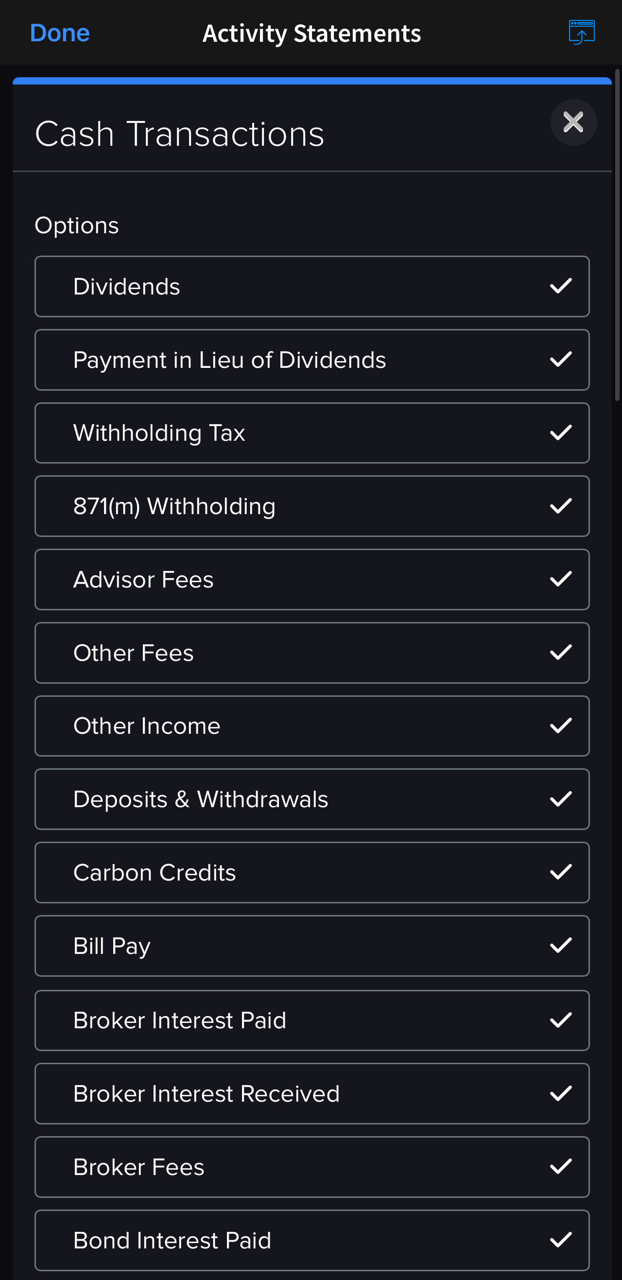 Cash Transactions Optionen