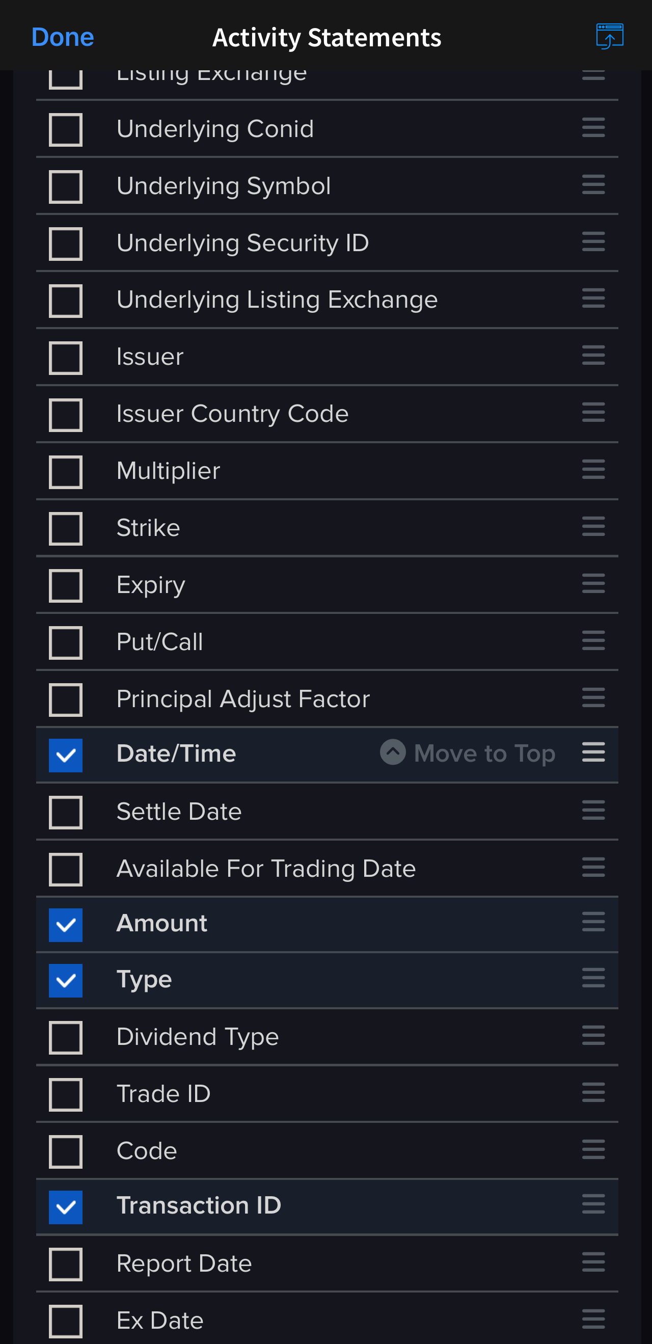 Cash Transactions Felder: Date/Time, Amount, Type