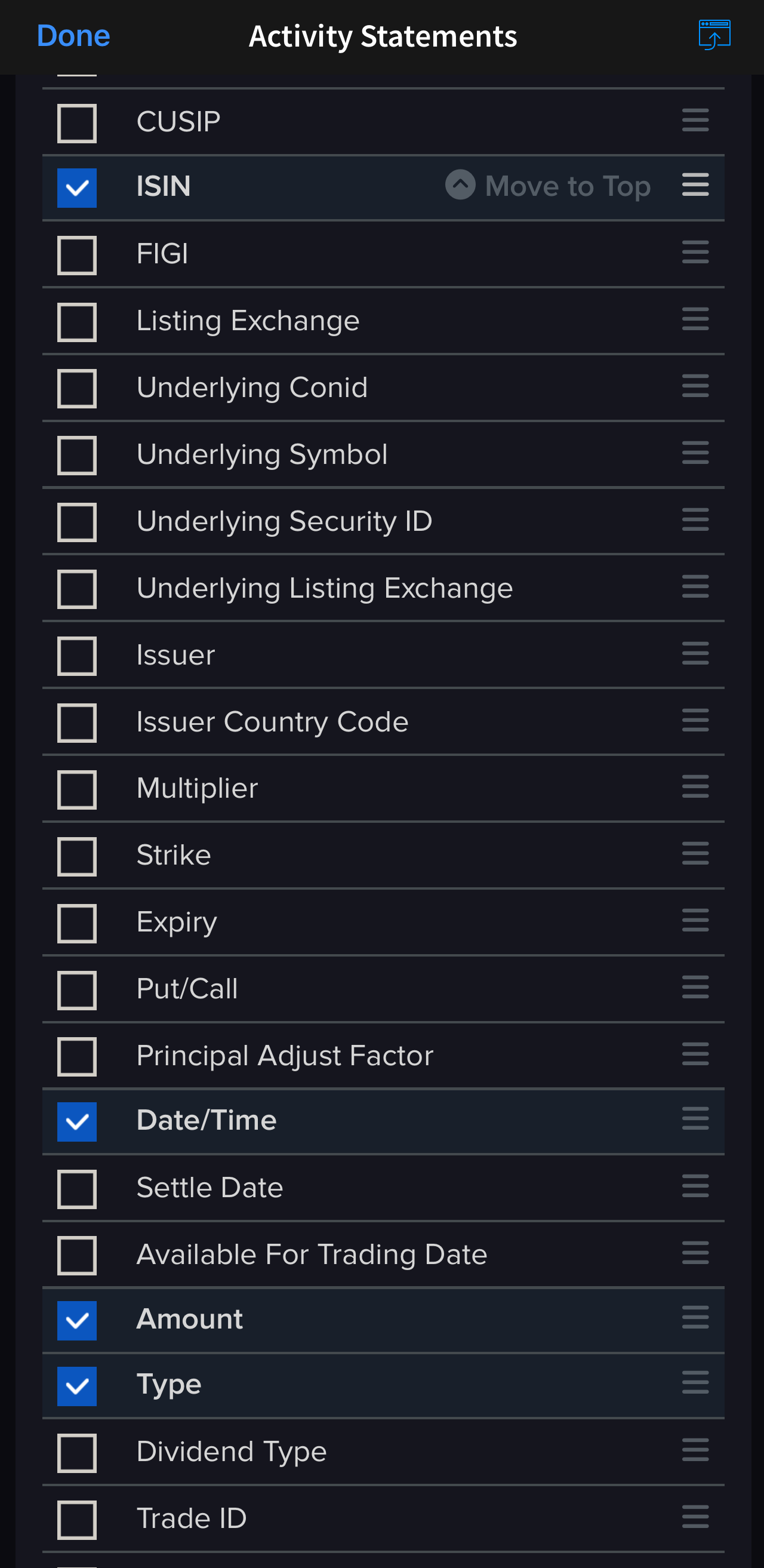 Cash Transactions Felder: ISIN, Date/Time, Amount, Type ausgewählt