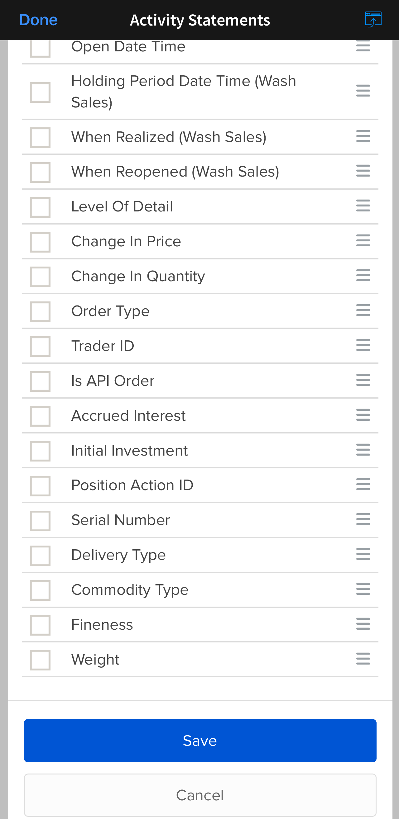 Trades Felder: Ende der Liste mit Save-Button — keine weiteren Felder angehakt