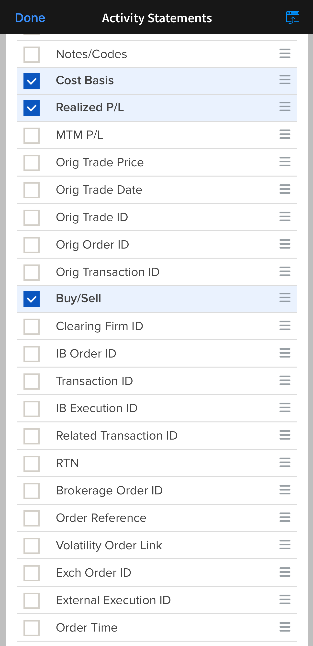 Trades Felder: Cost Basis, Realized P/L, Buy/Sell