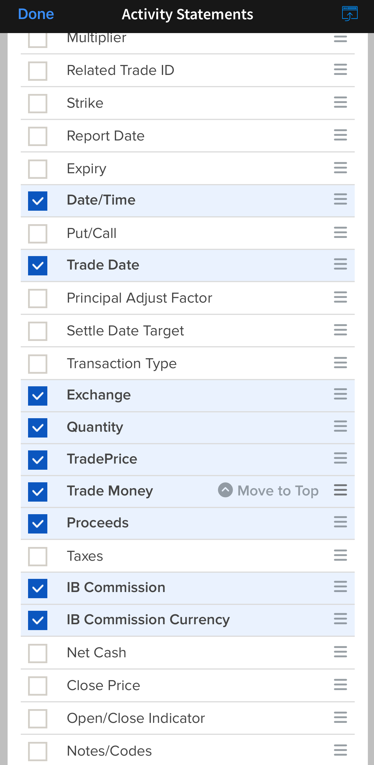 Trades Felder: Datum, Quantity, Proceeds, Commission