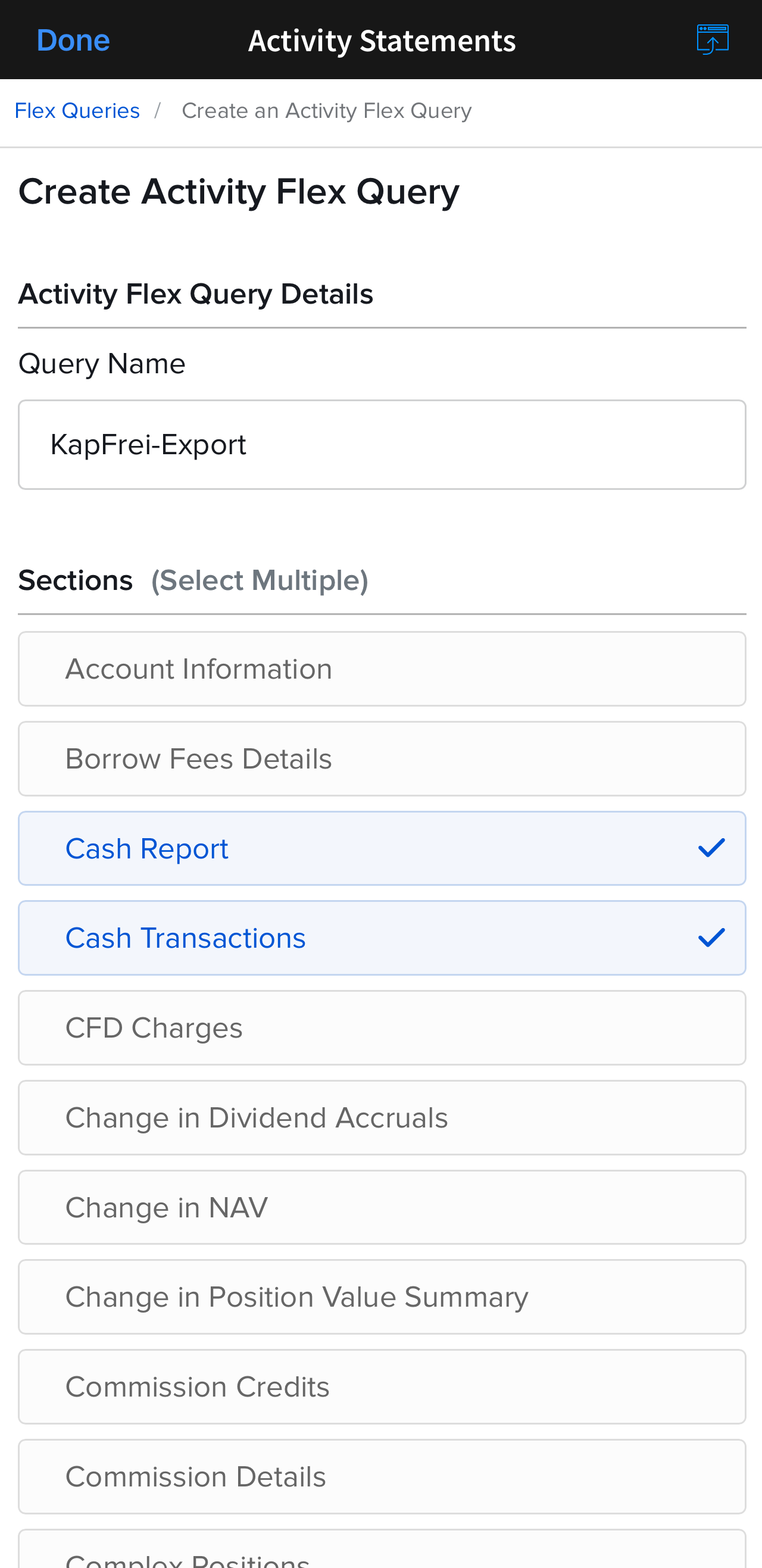 Sections: Cash Report und Cash Transactions auswählen