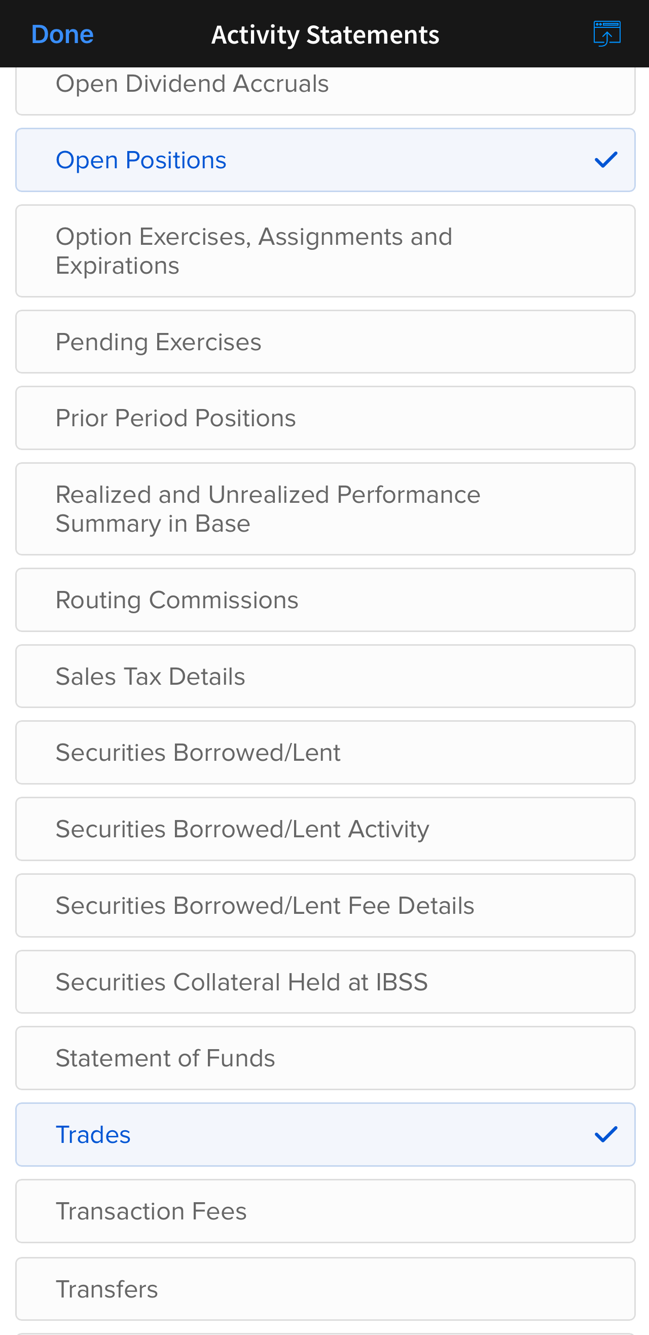 Sections: Open Positions und Trades auswählen